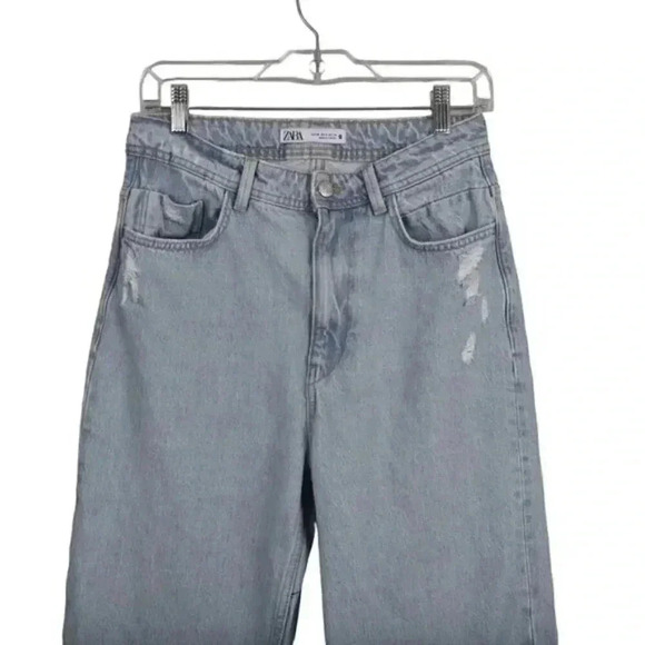 Zara Destroyed High Rise Full Length Jeans With Vents Slits Light Wash Raw Hem 6 - Picture 5 of 16